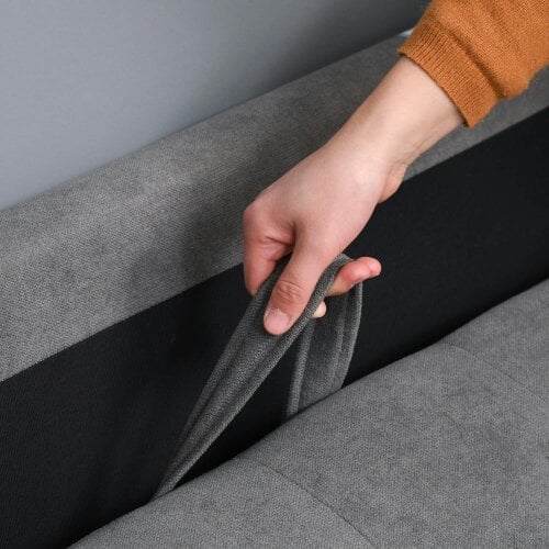 Wyld Haus Labasu Fabric Grey 2 Seater Sofa With Hidden Storage Tufted Seat And Wooden Legs