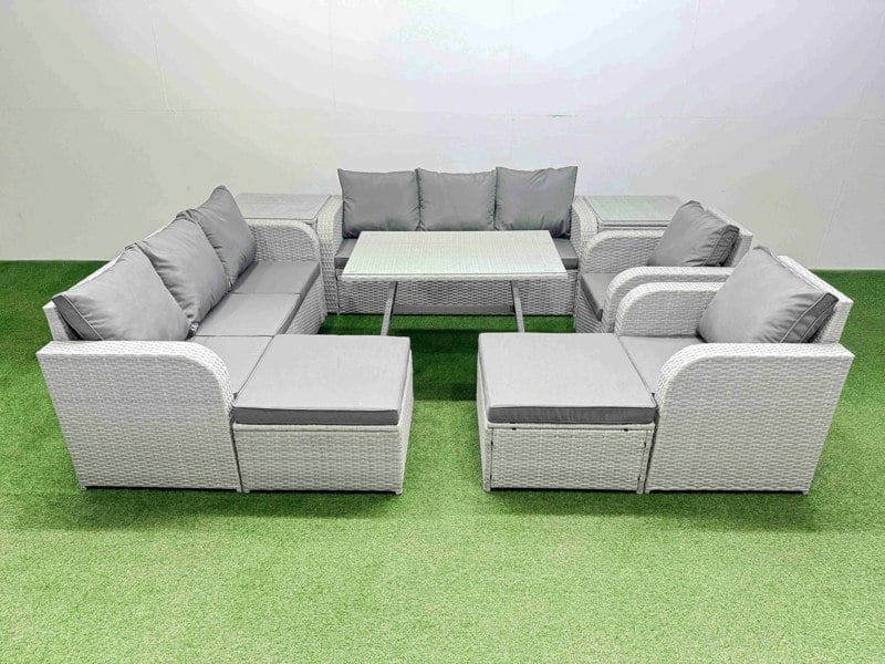 Fimous Rattan High Back Lounge Sofa Set Patio Dining Table & Chairs Set with 3 Seater Sofa 2 Reclining Chairs 2 Side Tables 2 Big Stool Light Grey