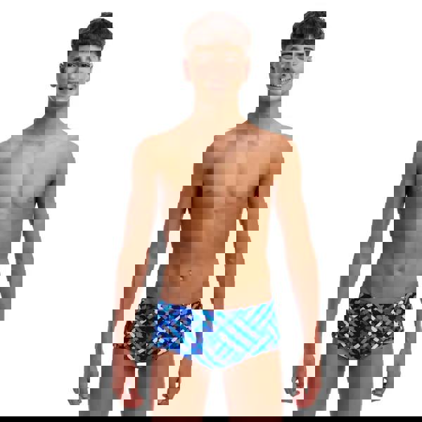 Funky Trunks Boys Sidewinder swim trunks in blue and white plaid weave