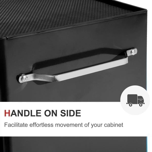 Black side pull handle on a 5-drawer tool storage cabinet