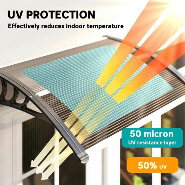 Brown arched canopy awning with black frame and slatted translucent panel