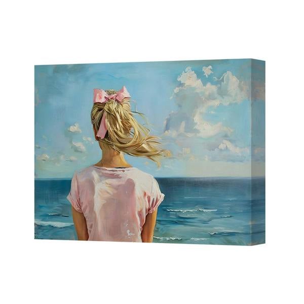 Benjamin Tate Design Canvas Art Print Girl In Pink Shirt By The Ocean Seascape Wall Decor