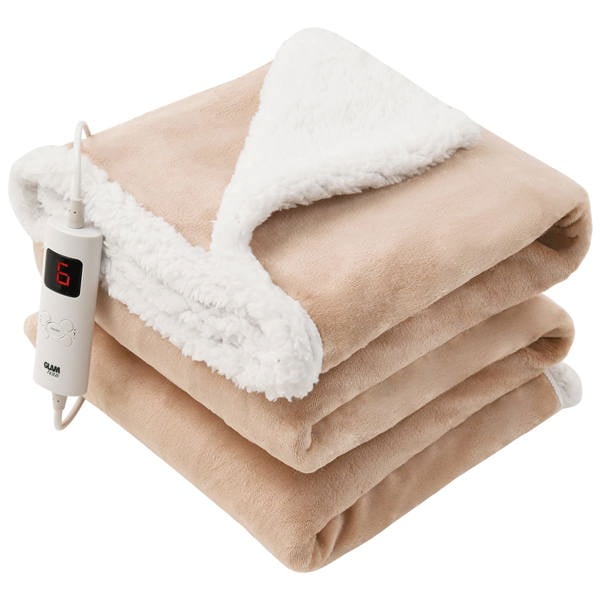GlamHaus Heated Throw Electric Fleece Over Blanket Sofa Bed Large 160 X 130cm Toasted Almond
