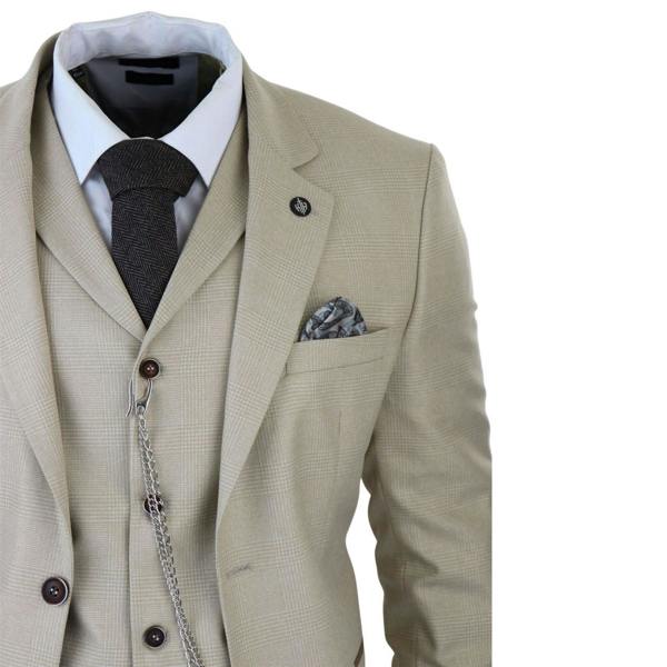 TruClothing Men's 3 Piece Cream Prince Of Wales Check Suit