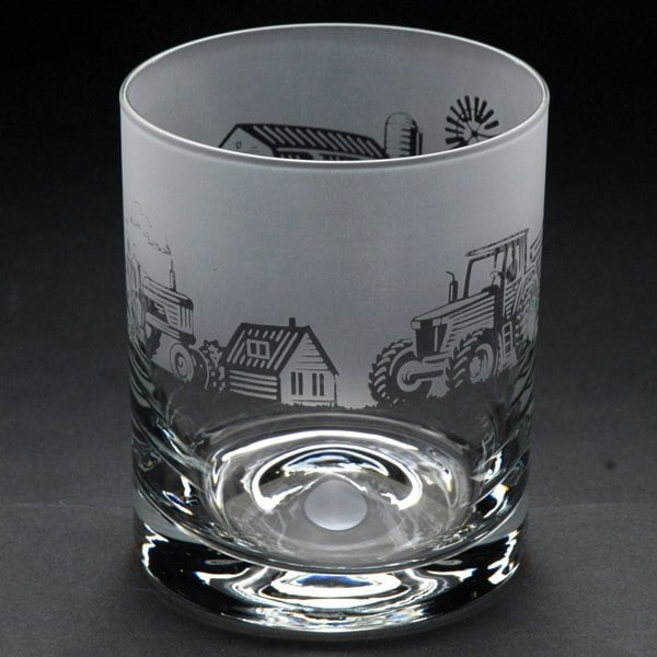 Glyptic Glass Art Farming Scene Whiskey Tumbler Glass - Hand Etched/Engraved Gift