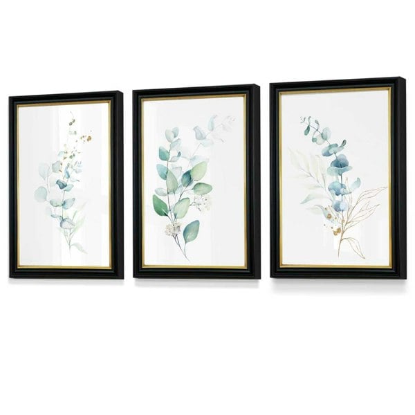 Artze Wall Art Set of 3 Framed Eucalyptus Blue Green and Gold Splash Prints