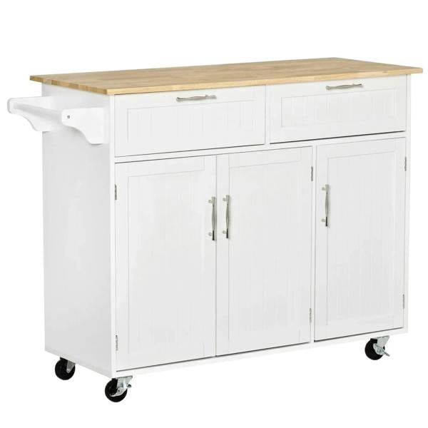 White kitchen island utility cart with two drawers, cabinet doors, and casters