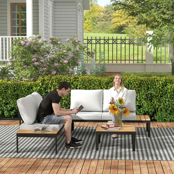 Wyld Haus Matuki Wood Teak 4 Seater Garden Corner Sofa Set With 2 Coffee Tables