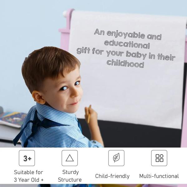 Pink wooden art easel with whiteboard, toddler standing and drawing