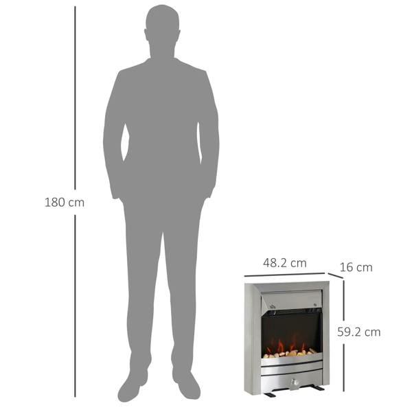 Electric fireplace heater dimensions diagram with pebble flame effect, stainless steel