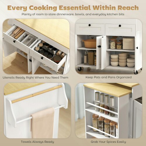 HOMCOM Rolling Kitchen with USB Ports & Power Outlets, Storage, White