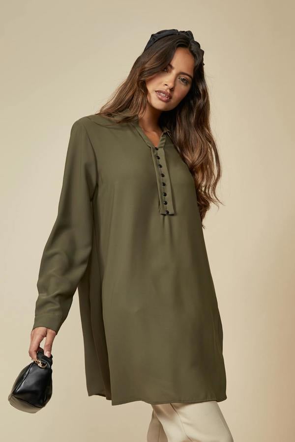 Hoxton Gal Tunic Shirt with Button Details in Khaki