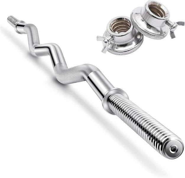 4FT EZ Curl Bar Standard Steel Chrome Barbell Anti-Slip Grips and Spinlock Collars for Weightlifting, Bodybuilding Strength Training