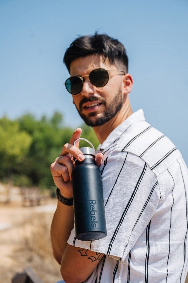 reusable bottle, man smiling