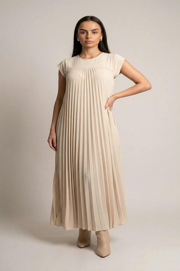 Sarina Pleated Cap Sleeve Maxi Dress - Beige