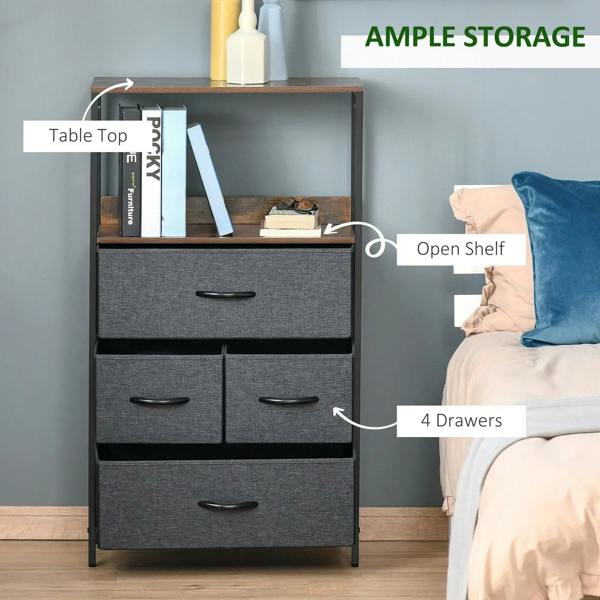 Black cabinet with open shelf and four gray fabric drawers, curved metal pull handles