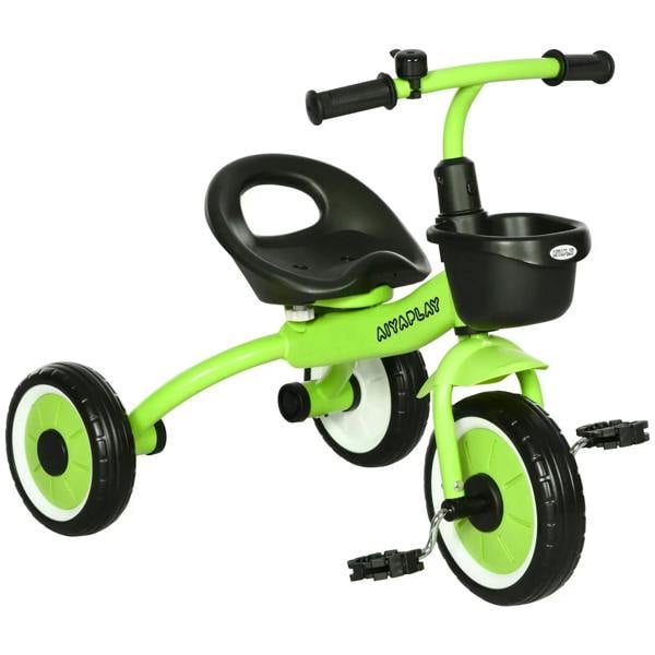 Green kids tricycle with black handlebars, seat, and front basket