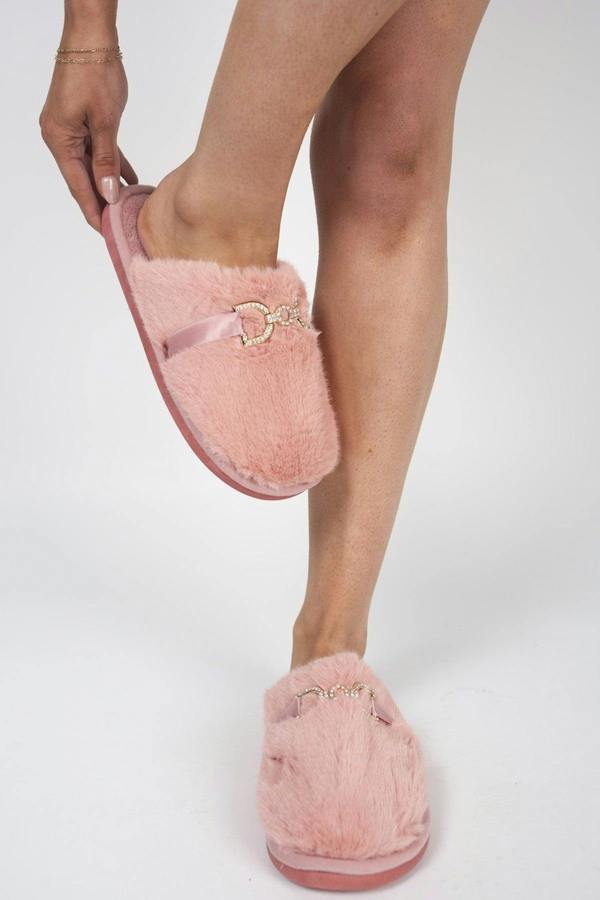 Noelia Faux Fur Slip-on Slippers With Gold Chain Detail - Pink