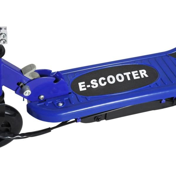 Blue scooter deck with E-SCOOTER tread and black control panel area