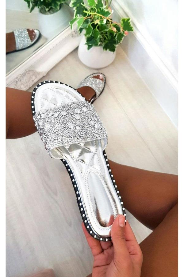 Sofie Embellished Slip On Sandals - Silver