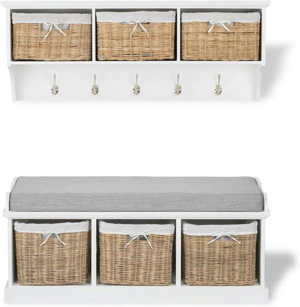 Tetbury Hallway Set with Natural Wicker Baskets and Grey Cushion
