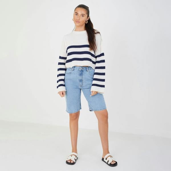 Brave Soul White Striped Cropped Knitted Jumper - White Image 3