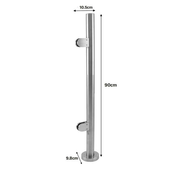 Stainless steel balustrade end post, 90cm high, featuring a sleek cylindrical design with two mounting brackets for secure installation