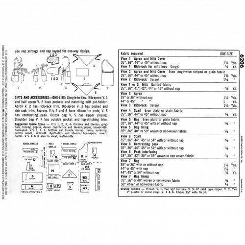 Simplicity Sewing Pattern 6206, Aprons, Scarves, Bags, Vintage Style for Women, One Size - Easy