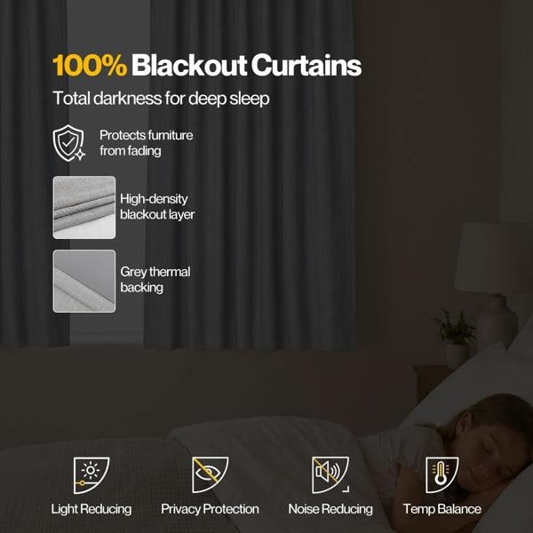 Marlow 100% Blackout Curtains Thermal Linen Look Pair Ready Made 46x54 in Grey
