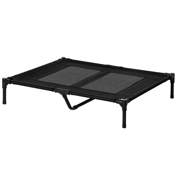 Black elevated pet cot with mesh top and metal frame, foldable legs