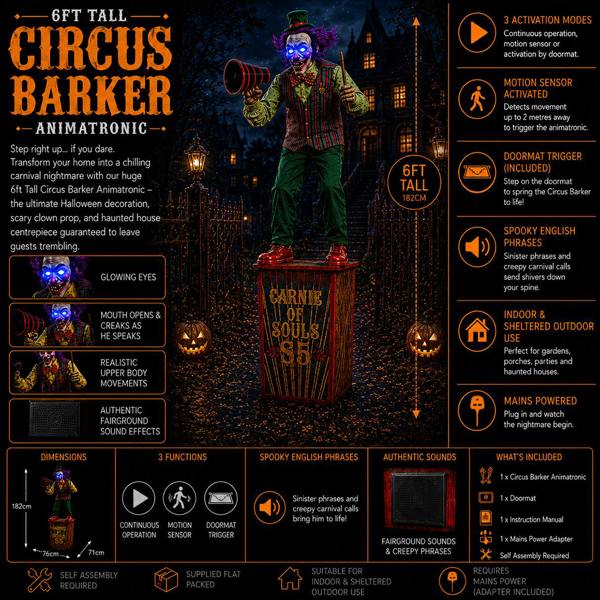 Samuel Alexander 6ft (72 Inch) Tall Servo Carnival Barker Halloween Animatronic with Glowing Digi-Eyes
