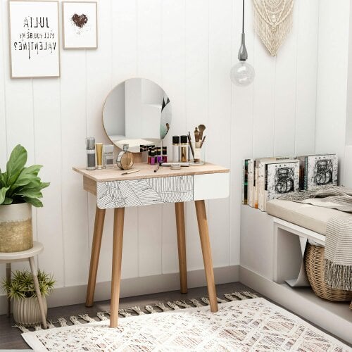 Wyld Haus Zino Oak Wood Botanical Pattern Dressing Table With Adjustable Mirror And Drawer Storage For Bedroom