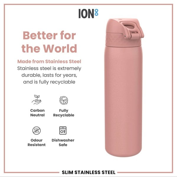 ION8 Leak Proof Slim Water Bottle, Stainless Steel, Ash Rose, 600ml (20oz)