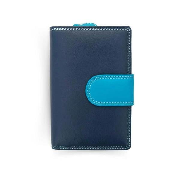 Front view of Dark blue wallet with an blue strap against a white background