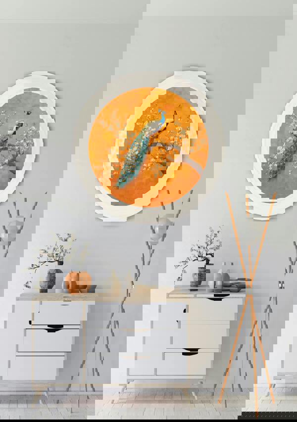 Exceptional Art Peacocks In Saffron Garden - Oxford Strong White Round Frame