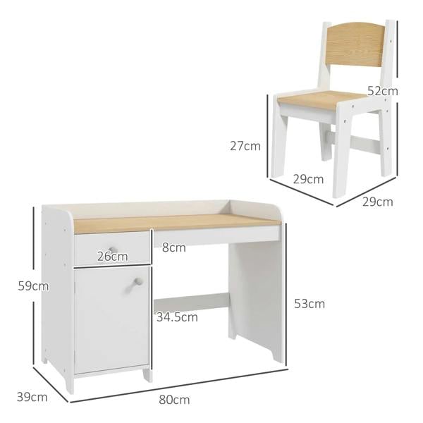 White kids desk and chair set with size measurements shown