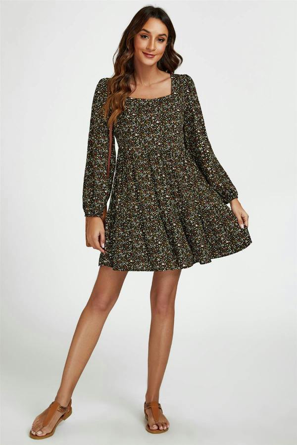 FS Collection Little Floral Print Square Neck Mini Dress In Black