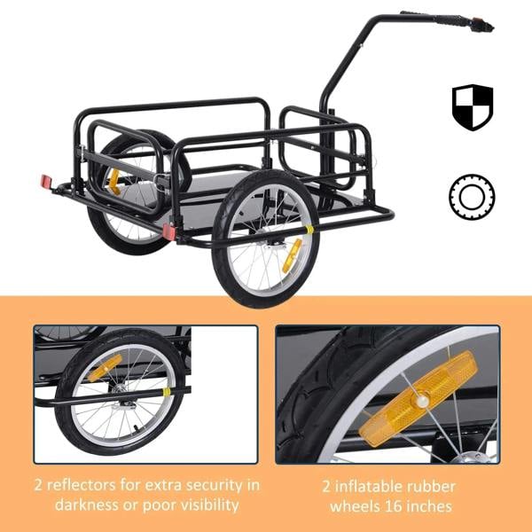 Black bike cargo trailer with two 16-inch inflatable wheels and reflectors