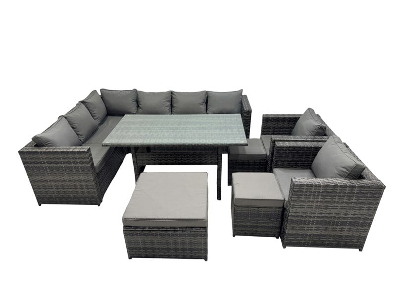 Fimous Outdoor PE Rattan Sofa Set with Dining Table Patio Garden Furniture Sets with 3 Stool Dark Grey Mixed