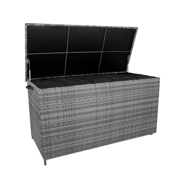 Grey rattan cushion storage box with a spacious 700L interior, featuring a textured woven design and a hinged lid for easy access