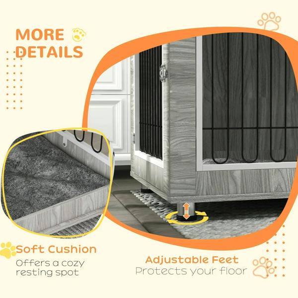 Grey indoor dog kennel close-up showing soft cushion edge and adjustable feet bases