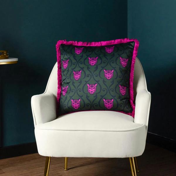 Paoletti Lupita Fringed Cheetah Cushion Cover - Emerald/Pink - 