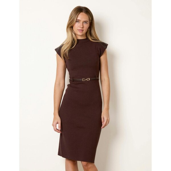 Blue Vanilla Sleeveless Woven PU Leather Detailed Shoulder Midi Dress With Belt