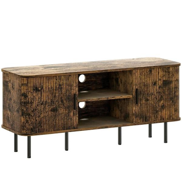 Rustic brown TV stand cabinet with two open shelves and two-door design, metal legs