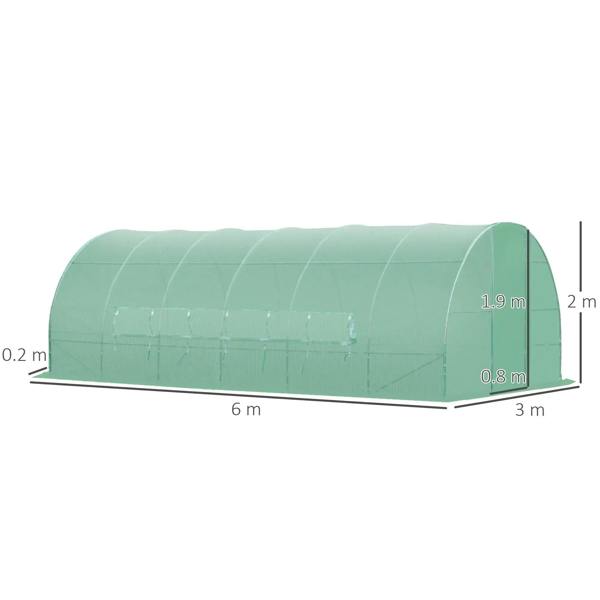 Green polytunnel greenhouse with arched shape; end profile with door opening