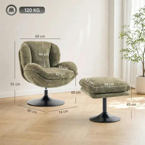 Modern Chenille Lazy Chair with Ottoman, 360° Swivel, Upholstered Reading Seat Set for Living Room, Dark Green