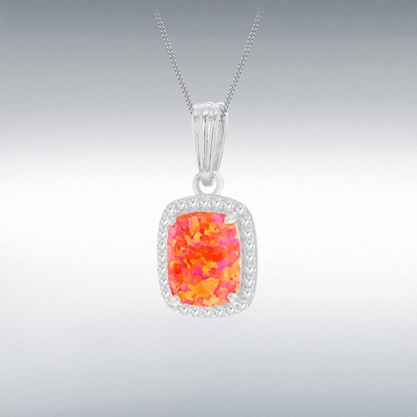 T. H. Baker Silver Rectangle Synthetic Orange Opal & White Cubic Zirconia Halo Necklace 8.68.7108