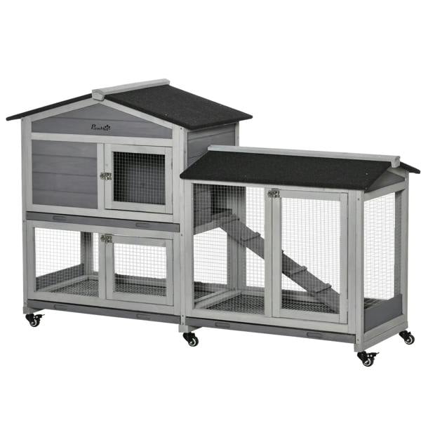 Grey wooden rabbit hutch with black roof, two levels, mesh sides, and 4 rolling wheels
