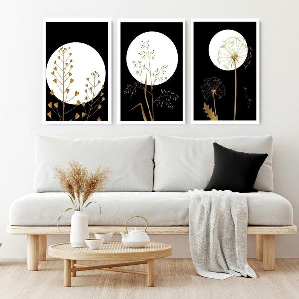 Black wall art for living room | set of 3 wall art prints