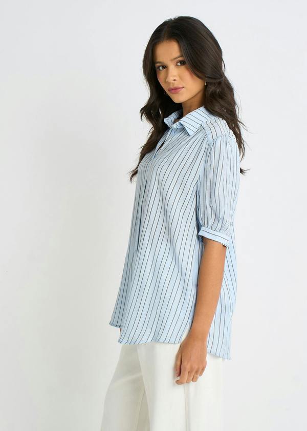 Gini London Blue Pinstripe Soft Touch Puff Sleeves Shirt